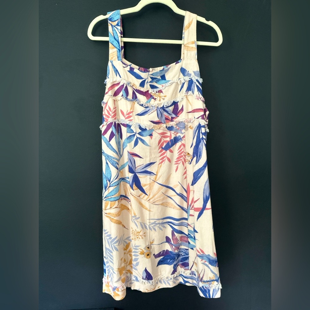 FATE: NWOT Linen Blend Cream Mini Dress Leaf Print Fringe Accent Sleeveless